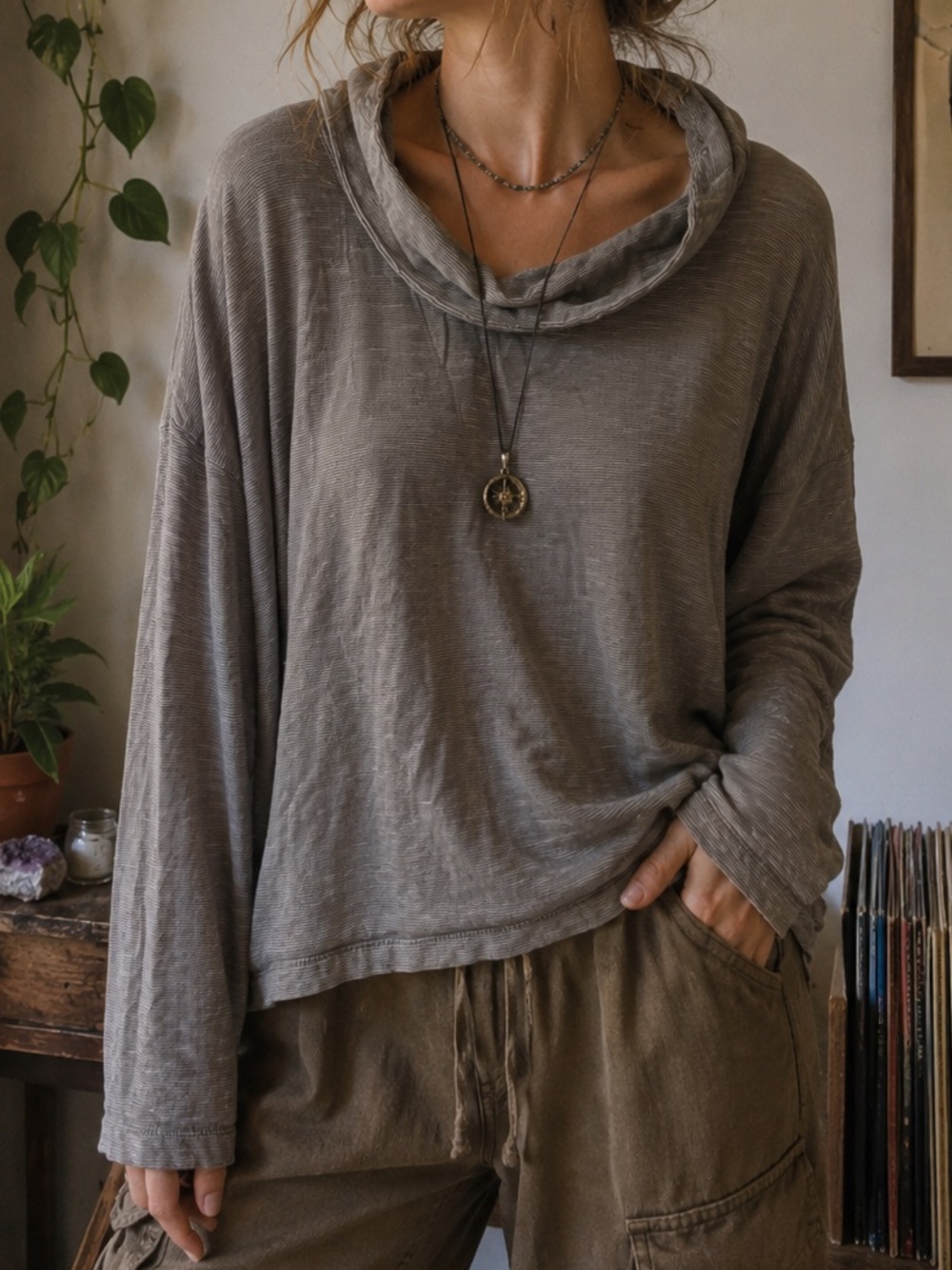 J. Jill Pure Jill Taupe Double Fave Cowl Neck Organic Cotton Top Lagenlook Boho